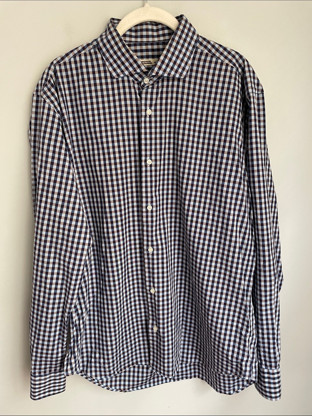 Maurizio Baldassari Blue Tan Check Long Sleeve Cotton Button Up Shirt 17/43